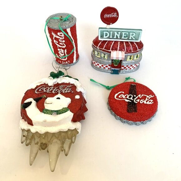 4 Coca-Cola Glitter Ornaments Diner Coke Can Bottle Cap Polar Bear Christmas Vtg - Picture 1 of 13
